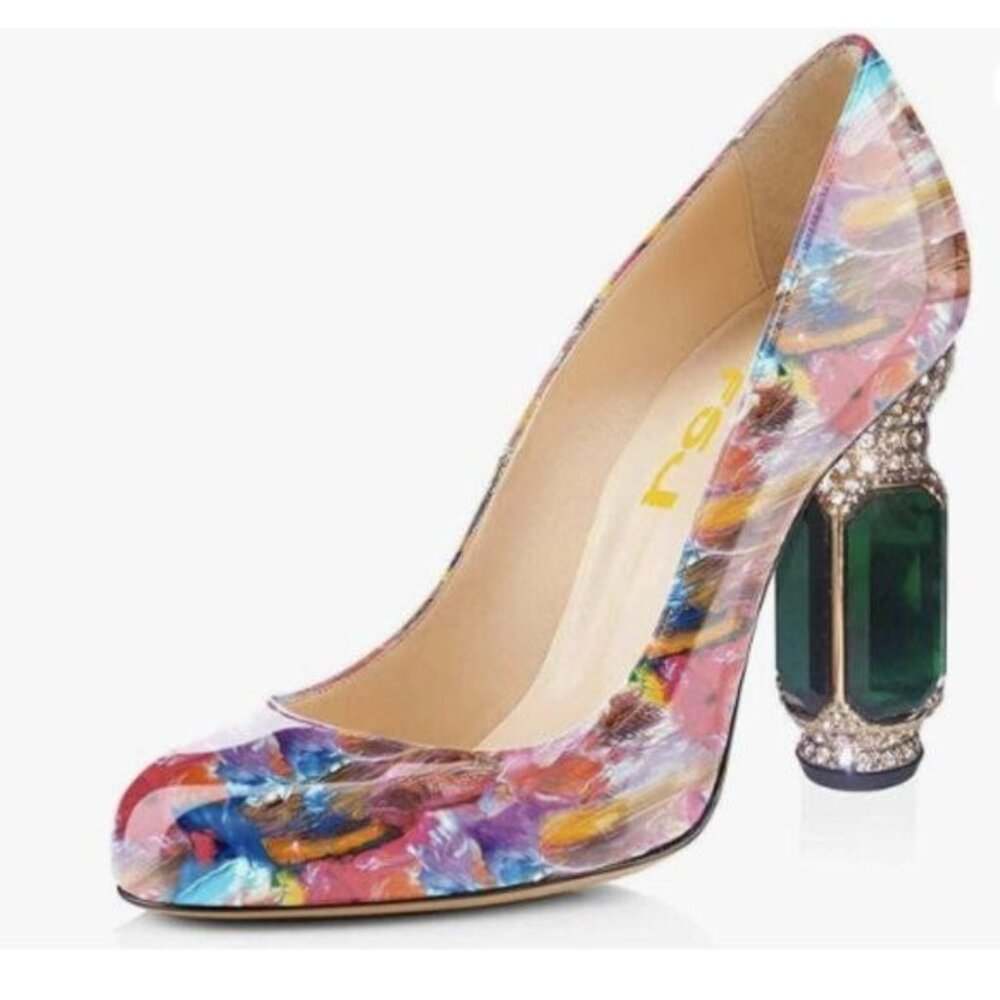 FSJ Women Stylish Closed Toe Rhinestone Emerald Chunky High Heel Pumps